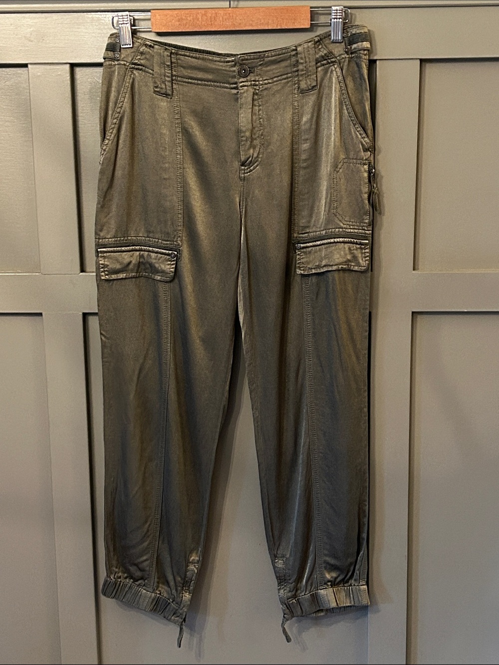 Marrakech Viscose Satin Cargo Joggers Pants Olive Green Size 29 Medium